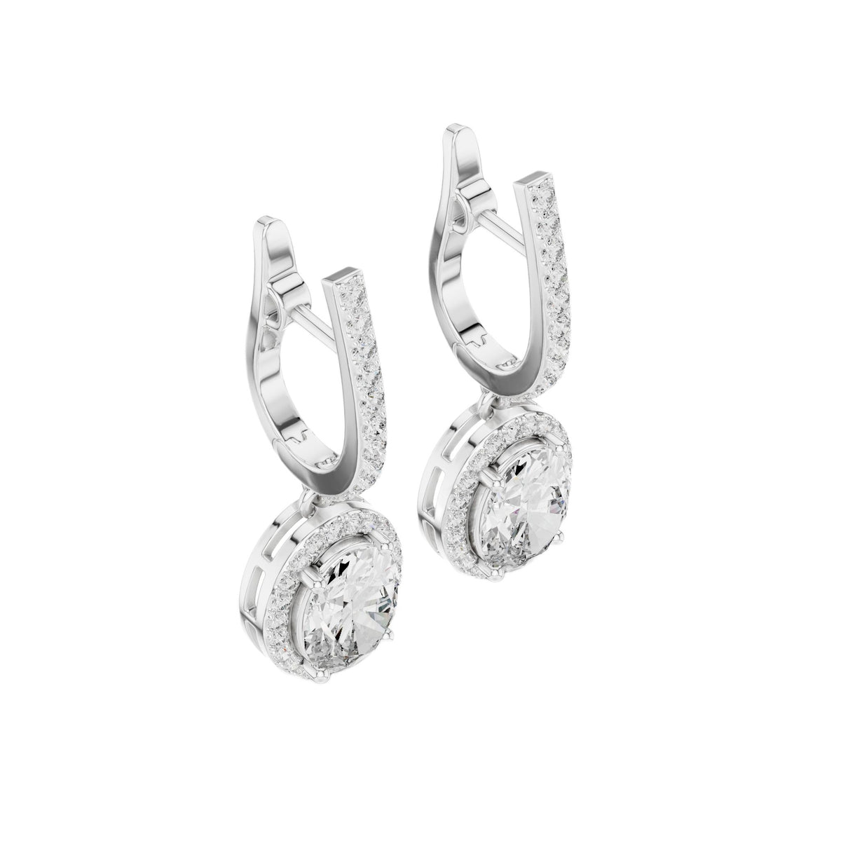 White gold oval gemstone drop earrings with micro-prong halo and hinged hoops