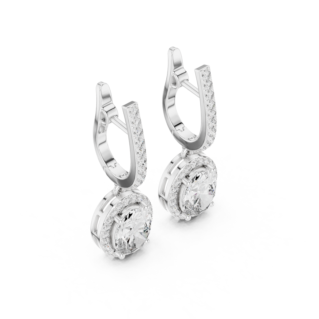 White gold oval gemstone drop earrings with micro-prong halo and hinged hoops