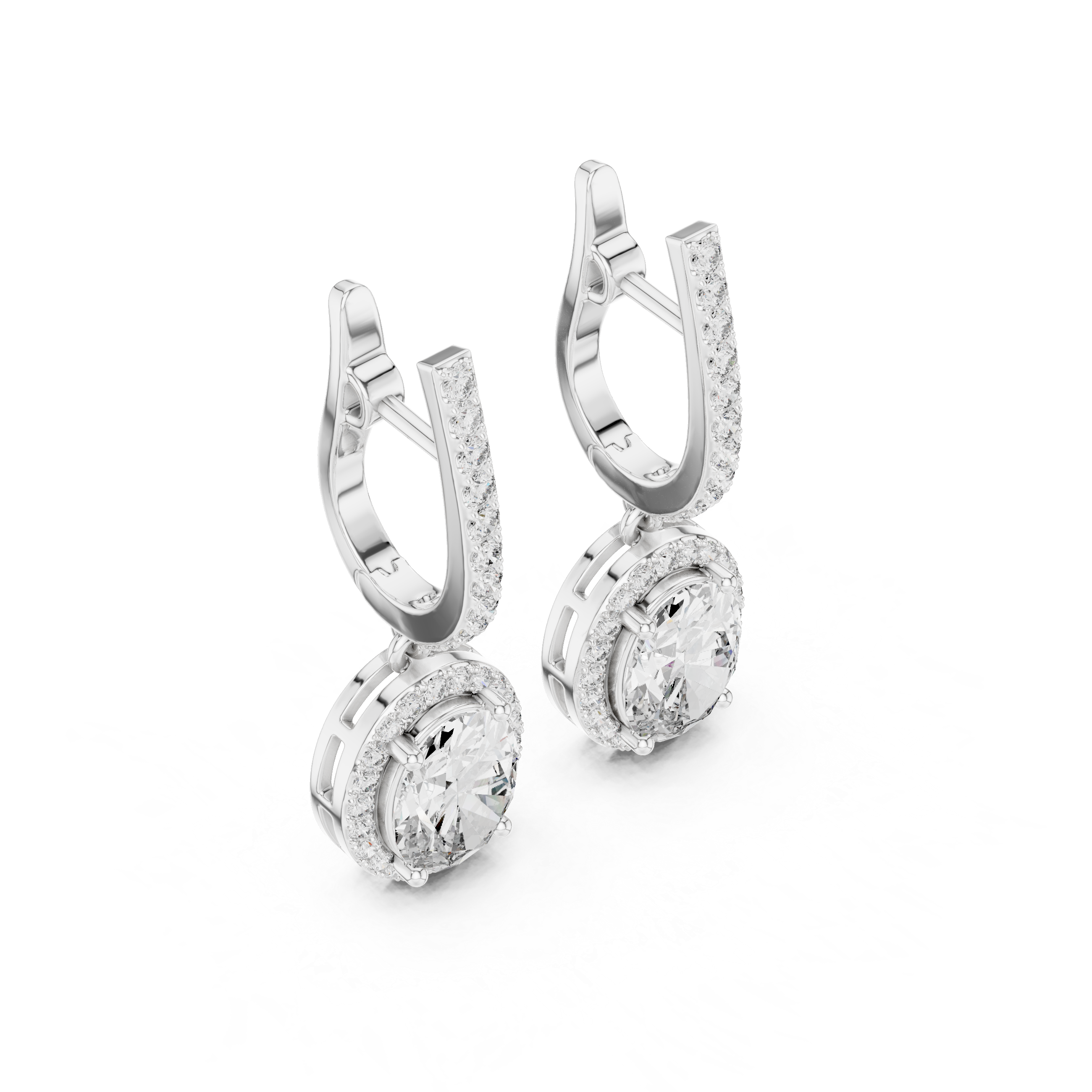 White gold oval gemstone drop earrings with micro-prong halo and hinged hoops