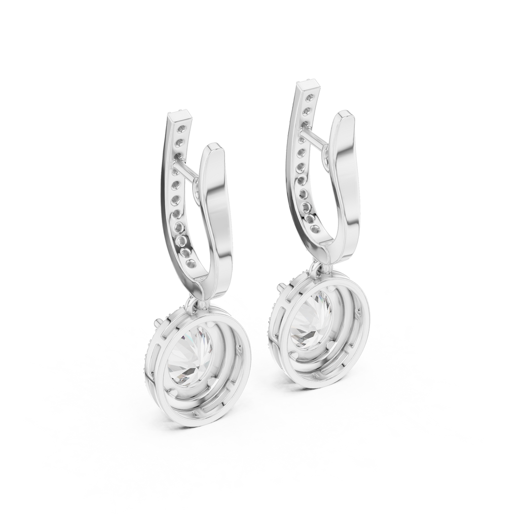 White gold hinged drop earrings with oval center gemstone and circular halo surround