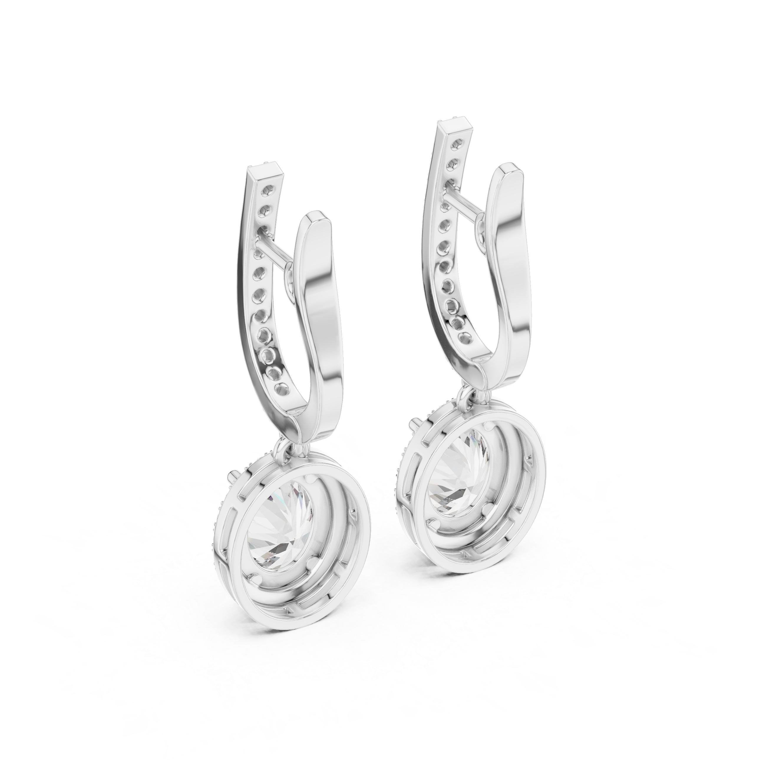 White gold hinged drop earrings with oval center gemstone and circular halo surround