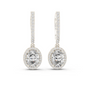 White gold diamond drop earrings with oval accents, halo round center stones