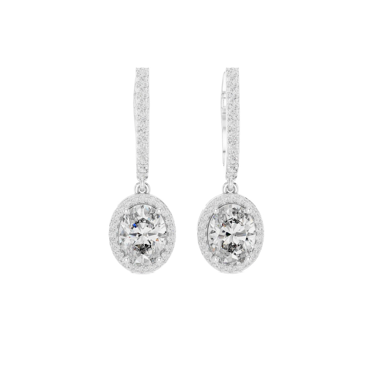 White gold oval gemstone drop earrings with pavé halo and elongated top bars