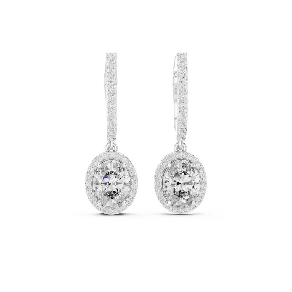 White gold oval gemstone drop earrings with pavé halo and elongated top bars