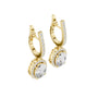 Yellow gold oval gemstone drop earrings with micro-prong halo and hinged hoops