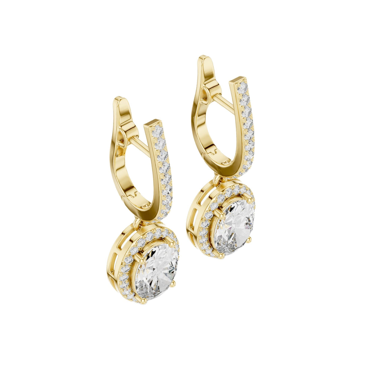 Yellow gold oval gemstone drop earrings with micro-prong halo and hinged hoops