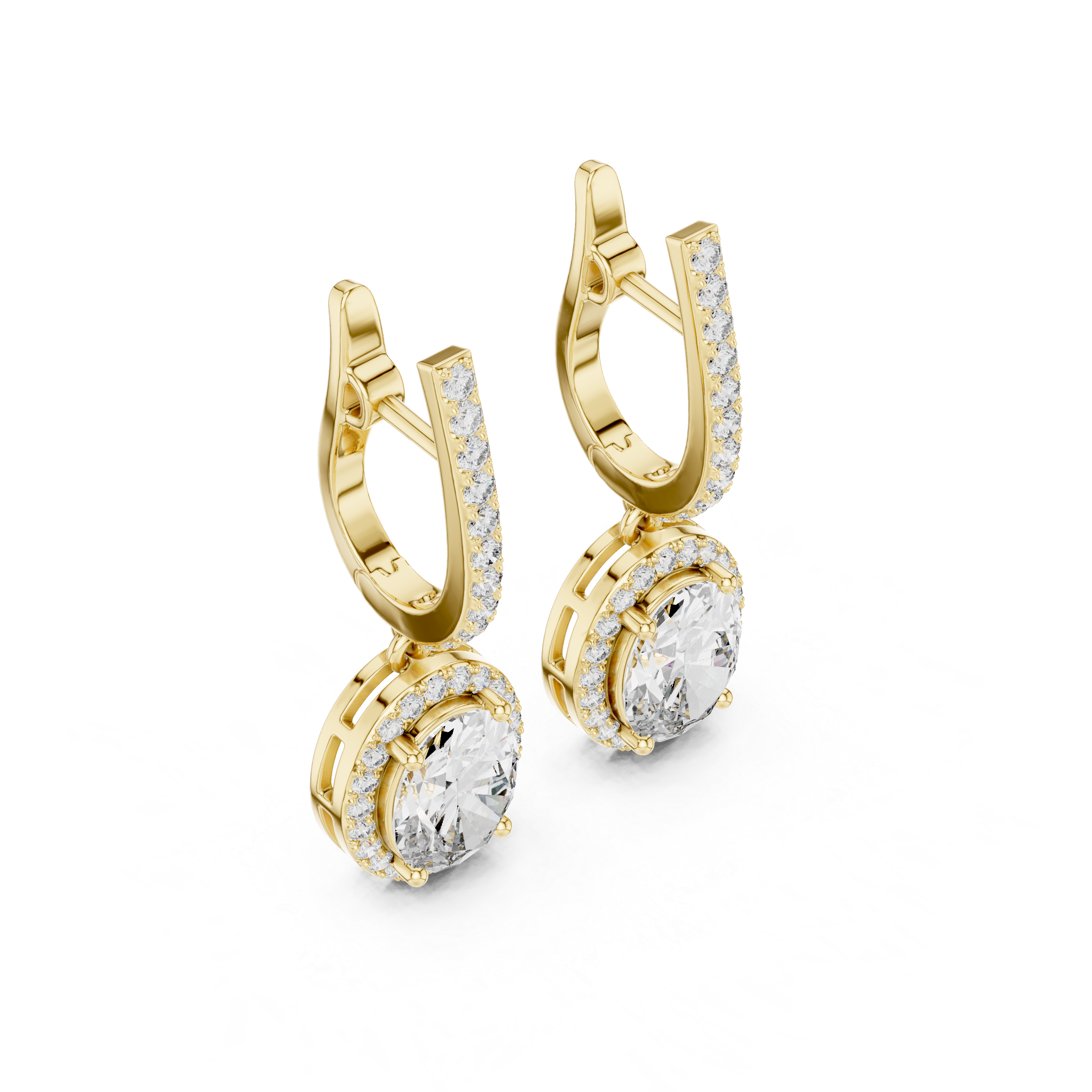 Yellow gold oval gemstone drop earrings with micro-prong halo and hinged hoops