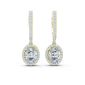 Yellow gold diamond drop earrings with oval accents, halo round center stones