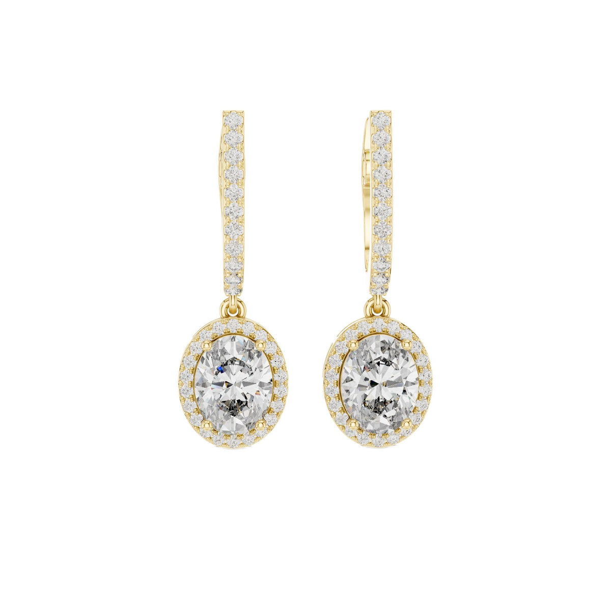 White gold diamond drop earrings with pavé bars and an oval halo center