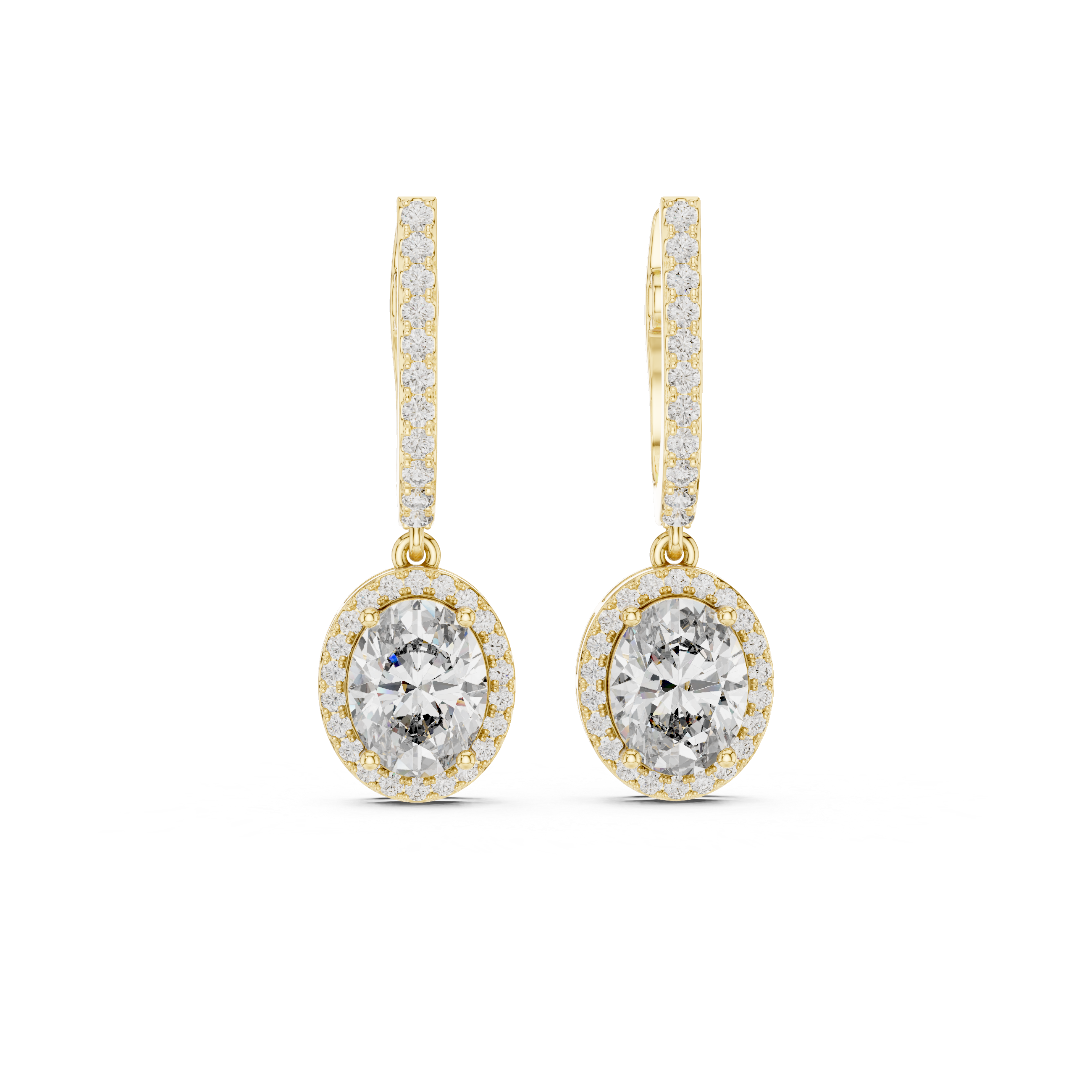 White gold diamond drop earrings with pavé bars and an oval halo center