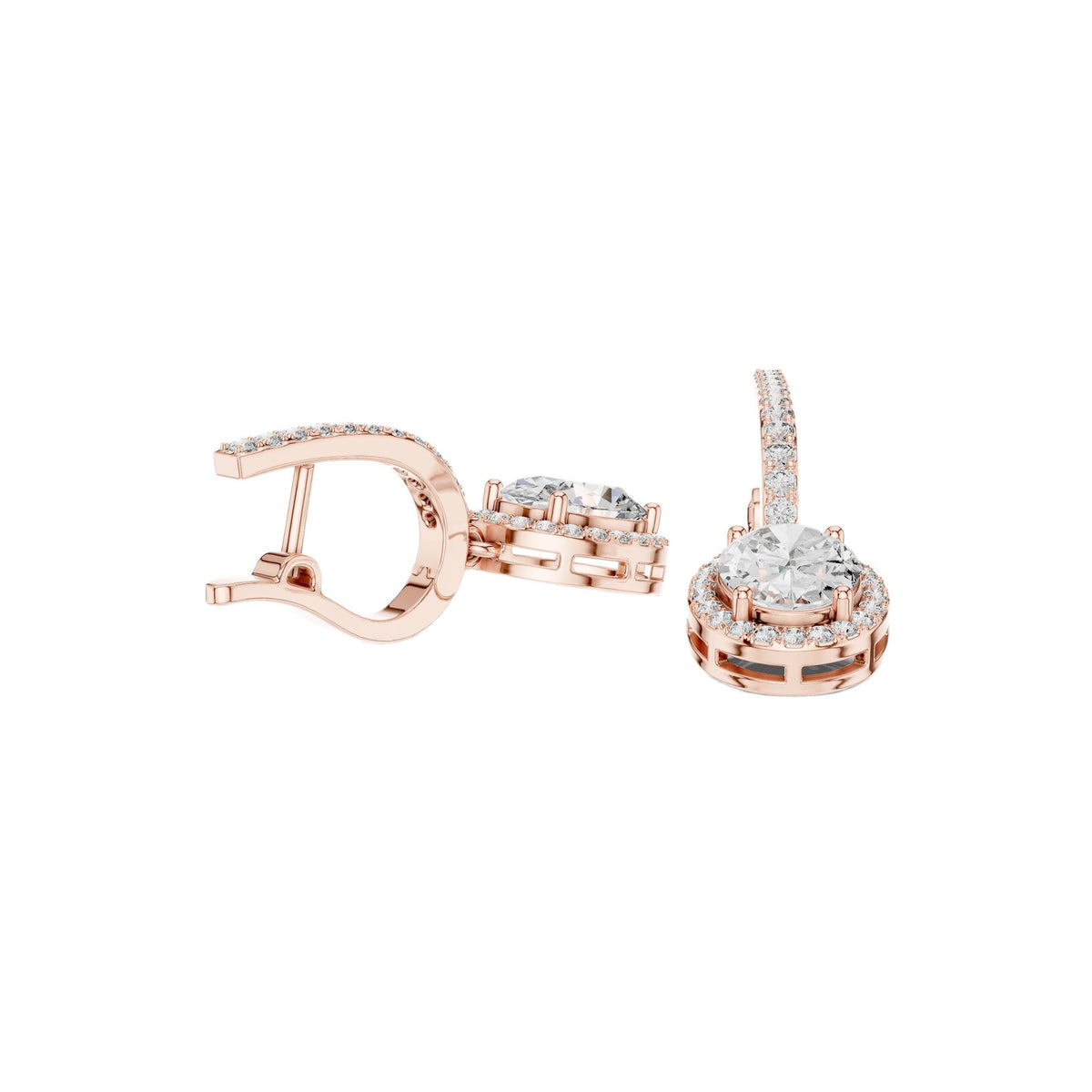 Rose gold diamond halo drop earrings with oval-cut accents and pavé detail
