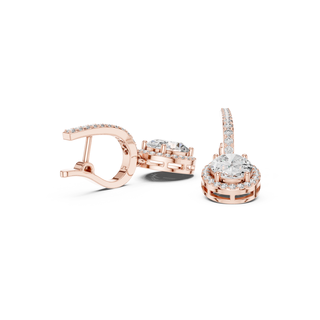 Rose gold oval gemstone drop earrings with halo setting and prong detail