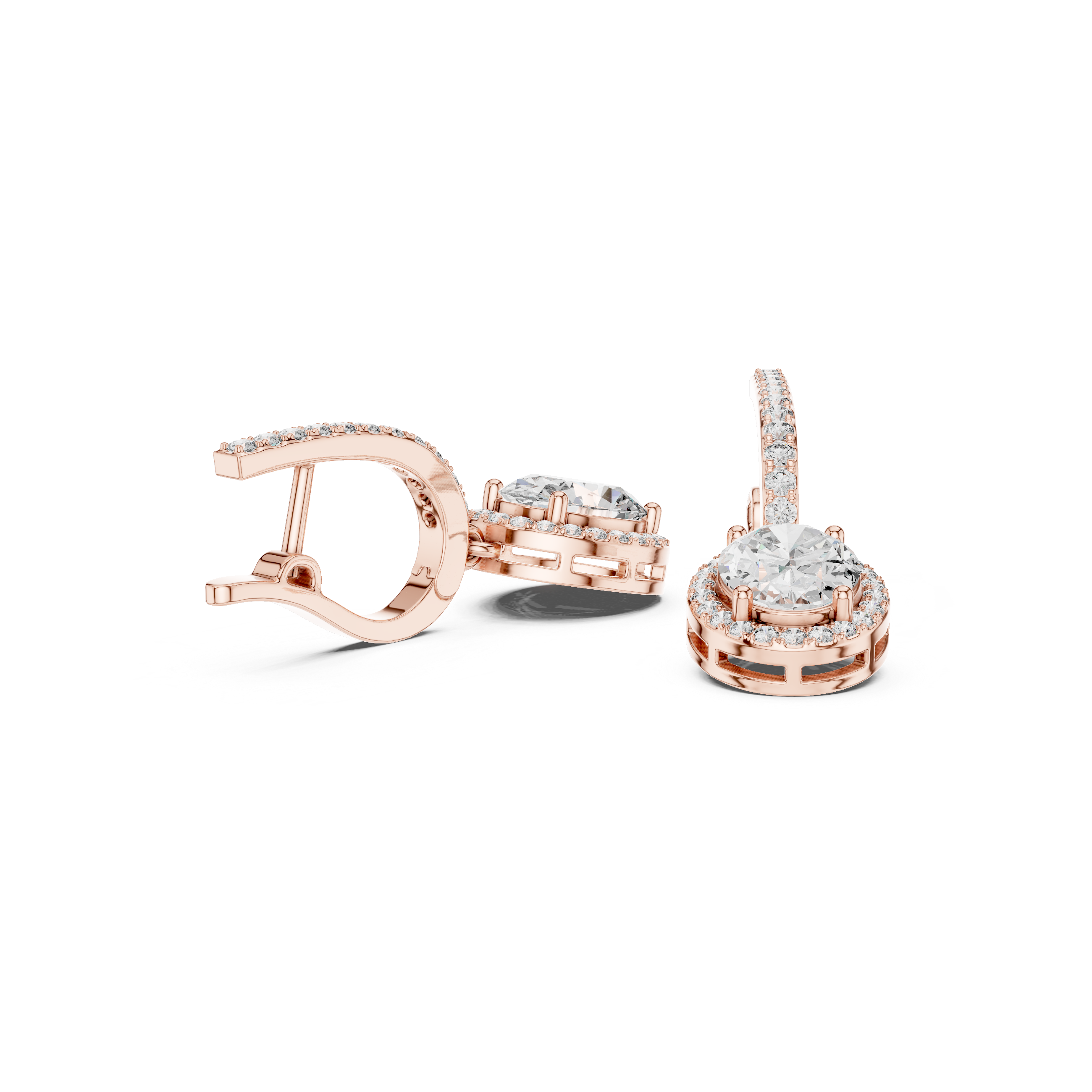 Rose gold oval gemstone drop earrings with halo setting and prong detail
