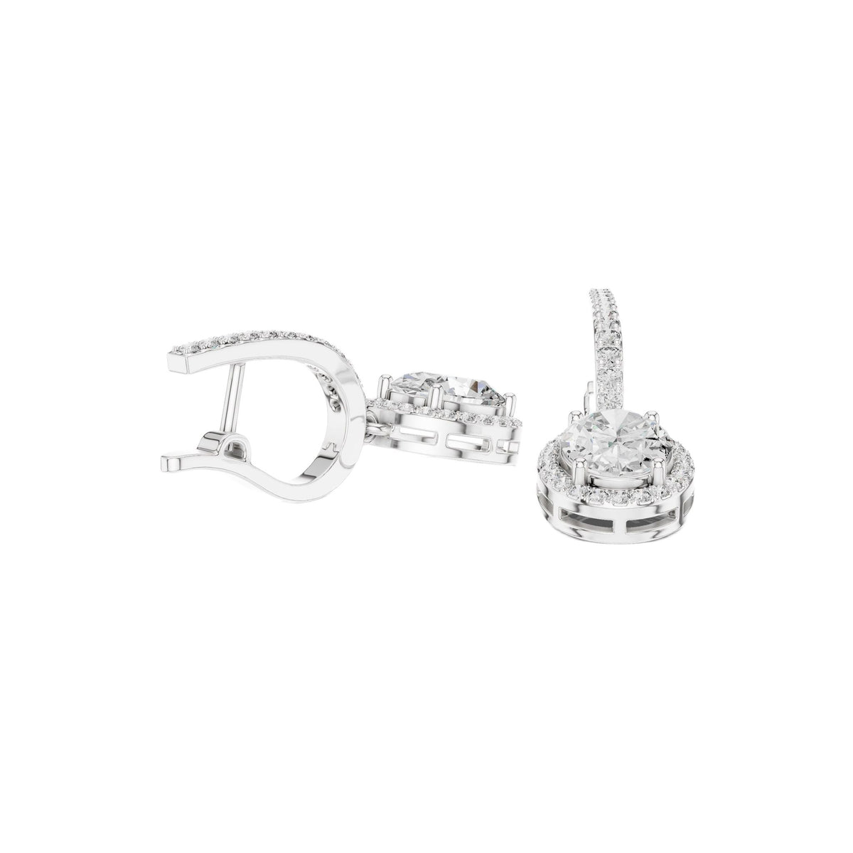 White gold diamond halo drop earrings with oval-cut accents and pavé detail