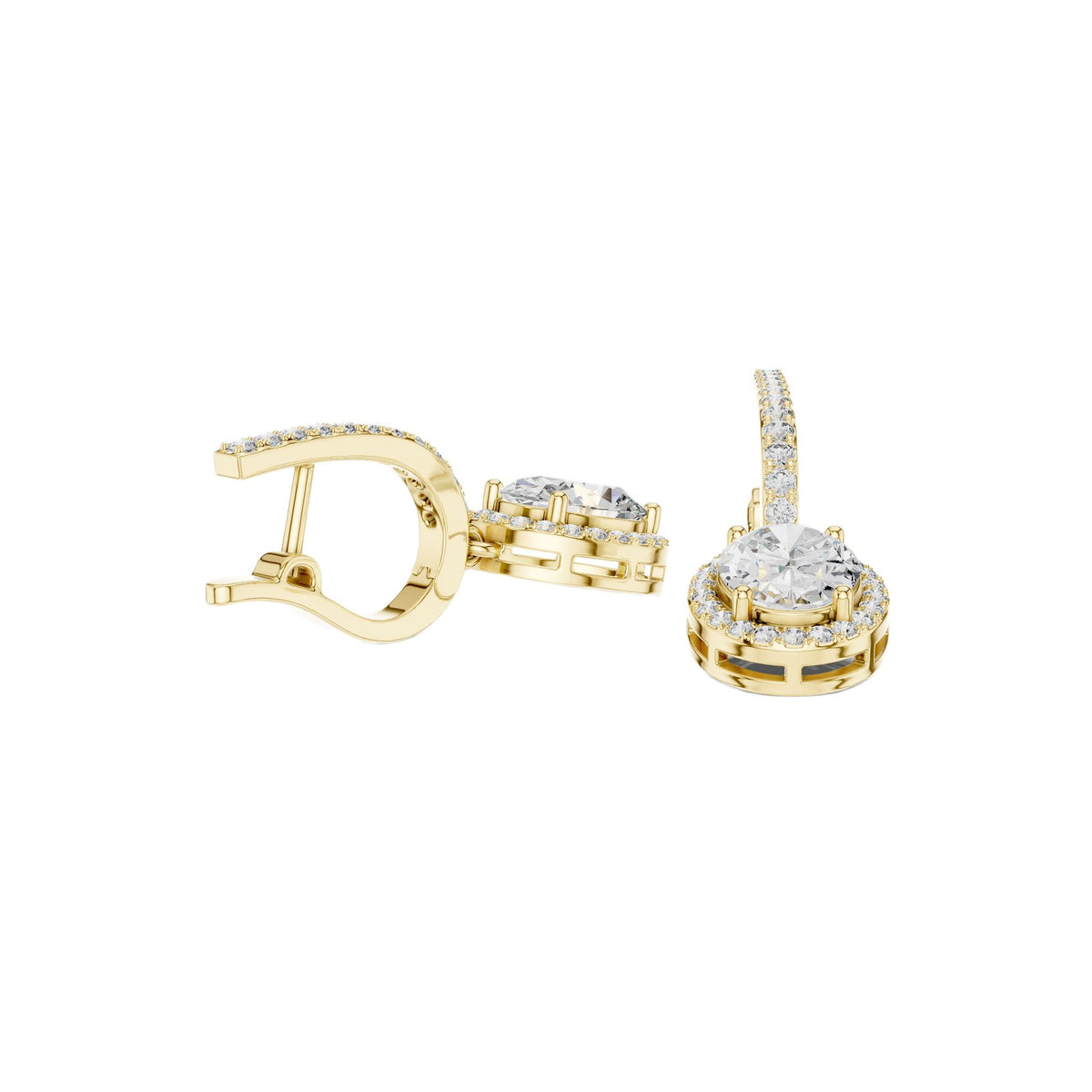 Yellow gold diamond halo drop earrings with oval-cut accents and pavé detail
