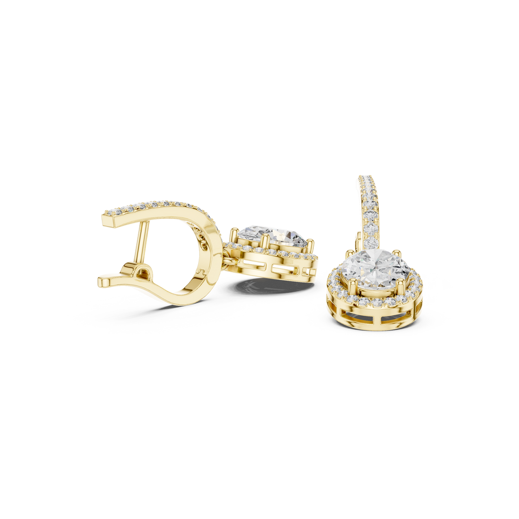 Yellow gold oval gemstone drop earrings with micro-prong halo and pavé details