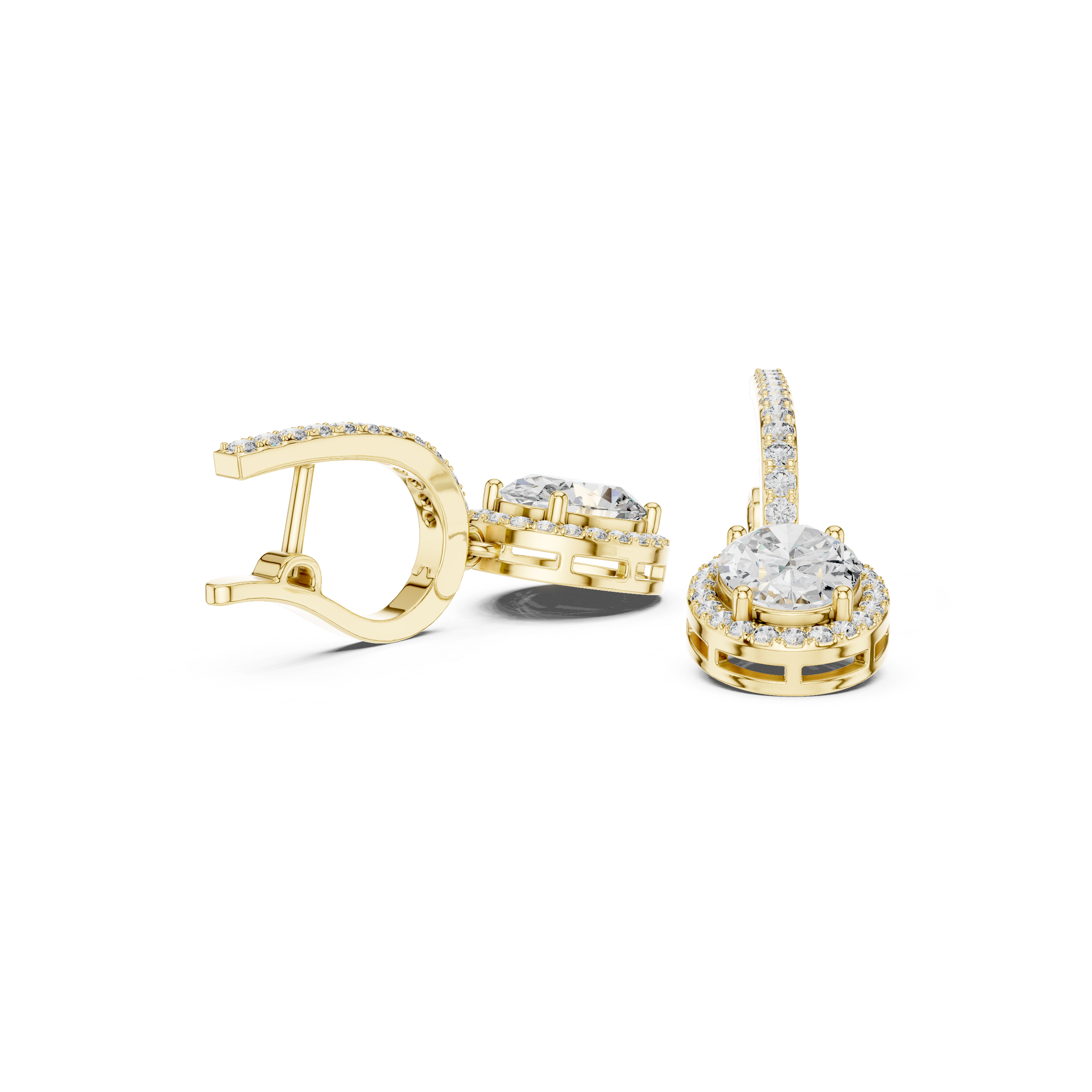 Yellow gold oval gemstone drop earrings with micro-prong halo and pavé details