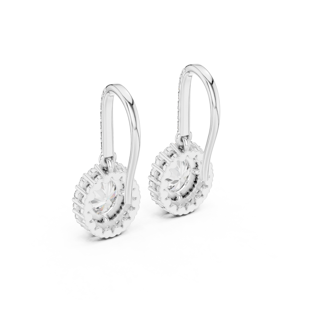 Platinum oval diamond halo drop earrings with pavé detail and oval center