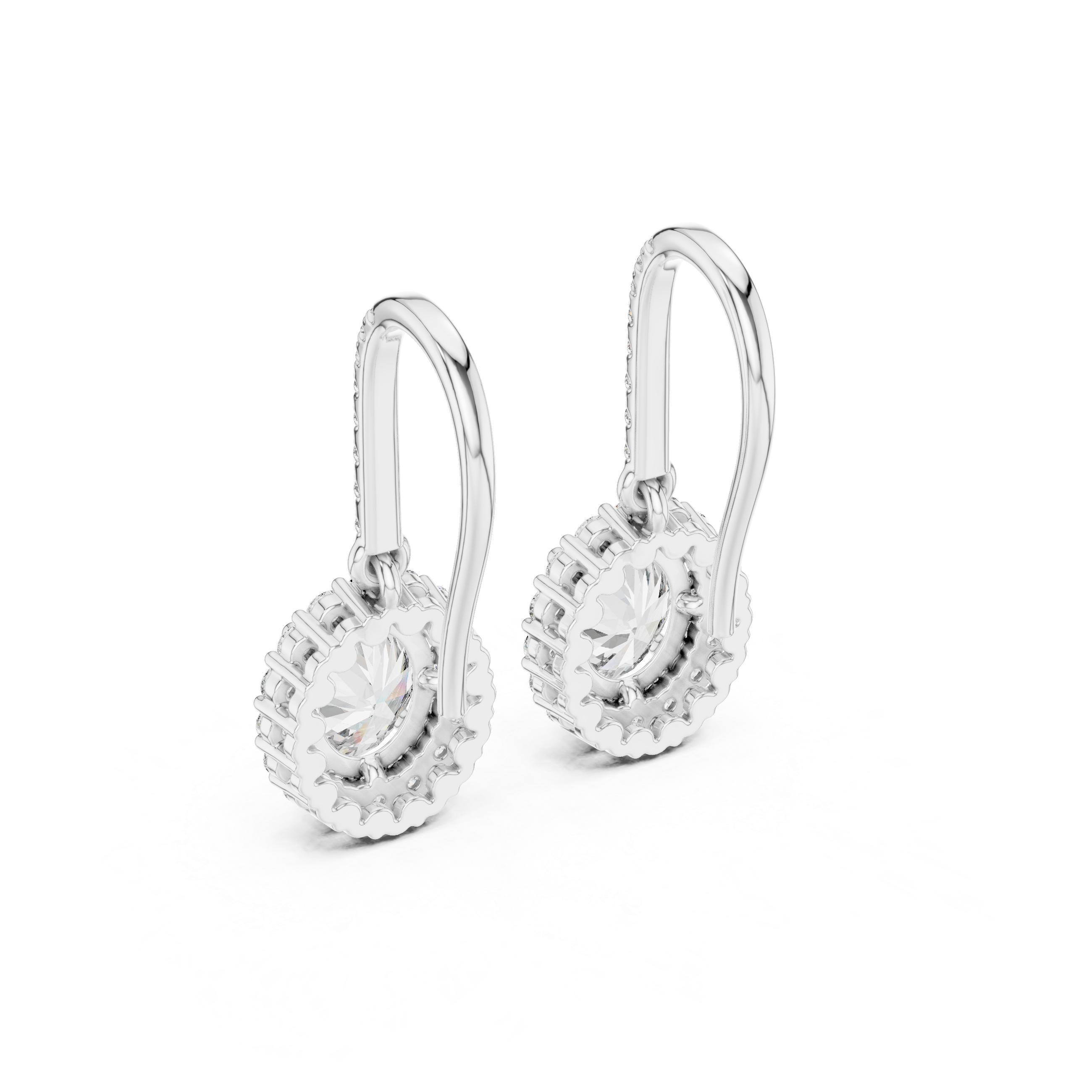 Platinum oval diamond halo drop earrings with pavé detail and oval center