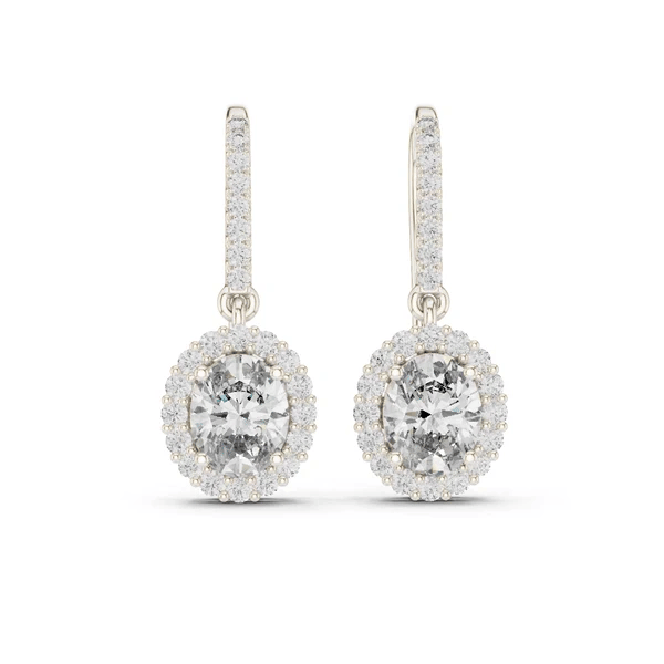 White gold oval diamond halo drop earrings with round pavé halo