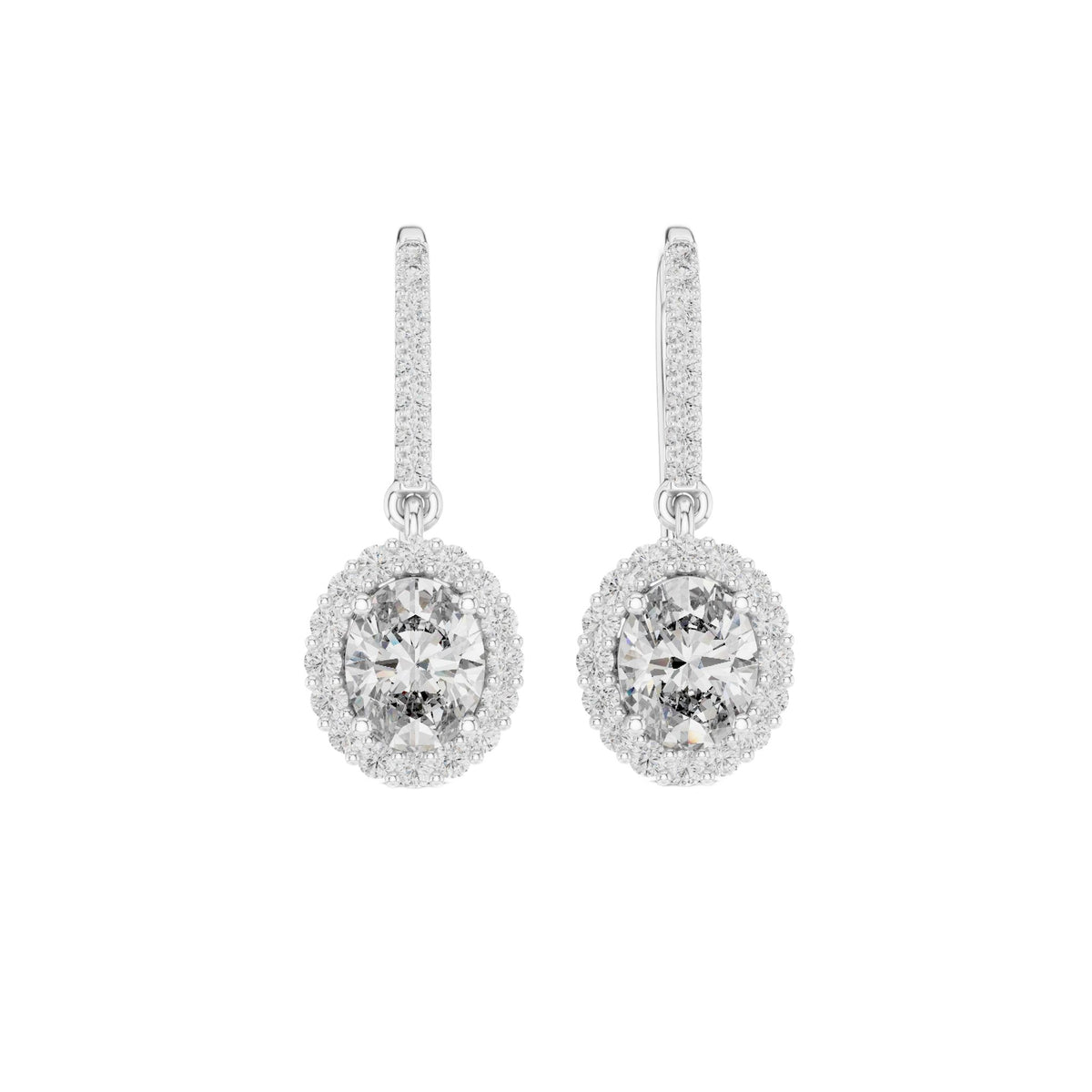 White gold oval-cut diamond drop earrings with oval center stone and pavé halo