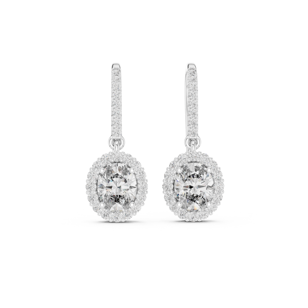 White gold oval diamond halo drop earrings with pavé-set oval centers