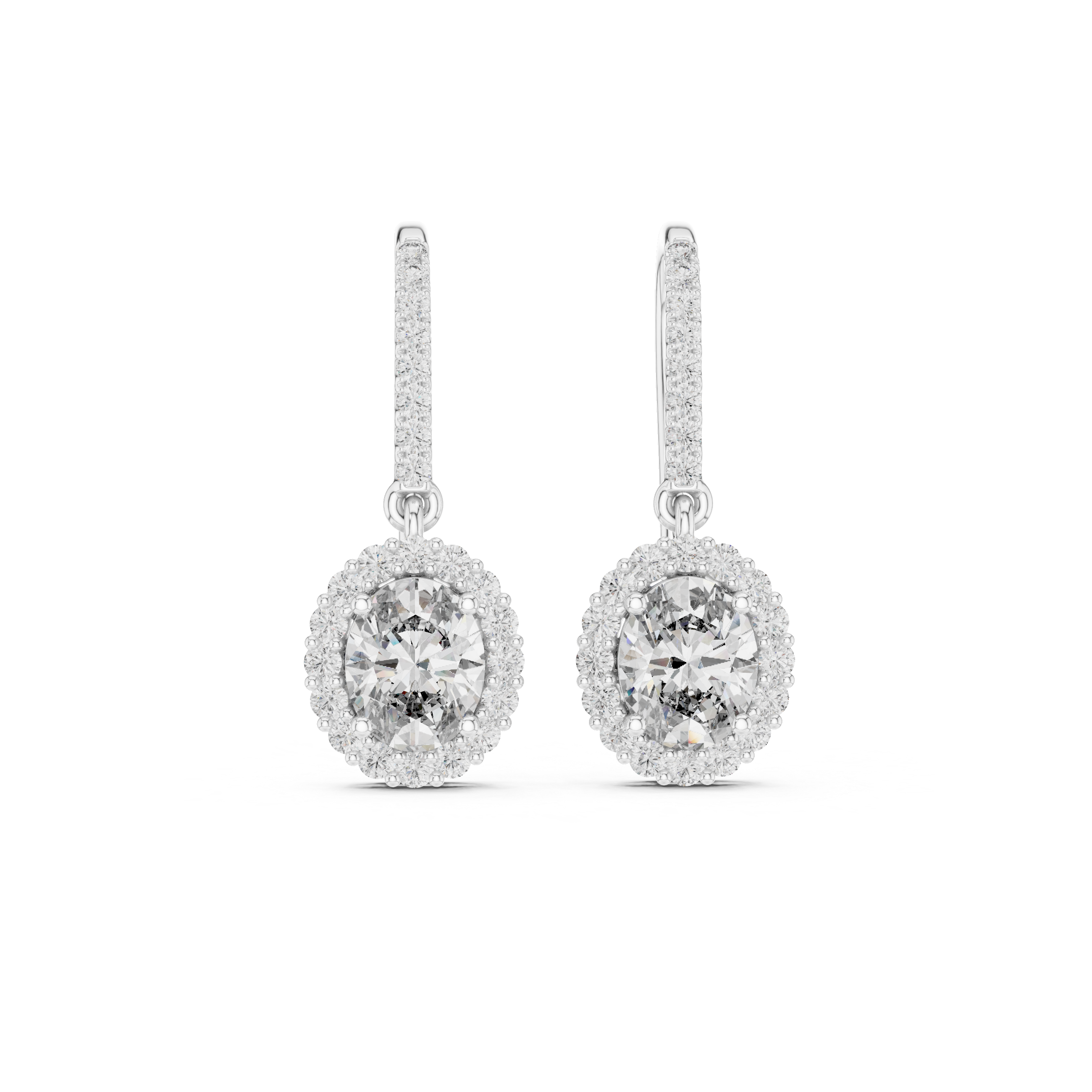 White gold oval diamond halo drop earrings with pavé-set oval centers
