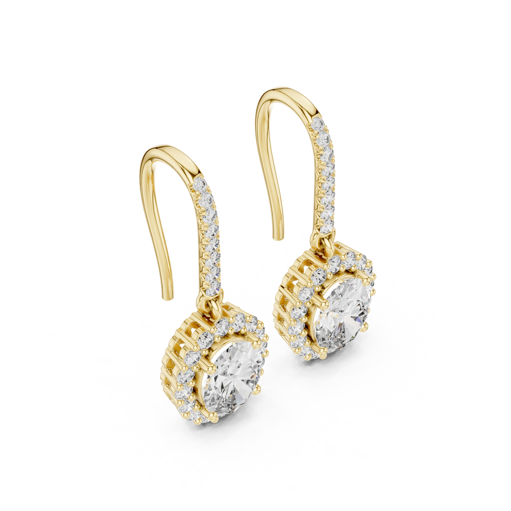 Yellow gold oval diamond halo drop earrings with sparkling pavé surround