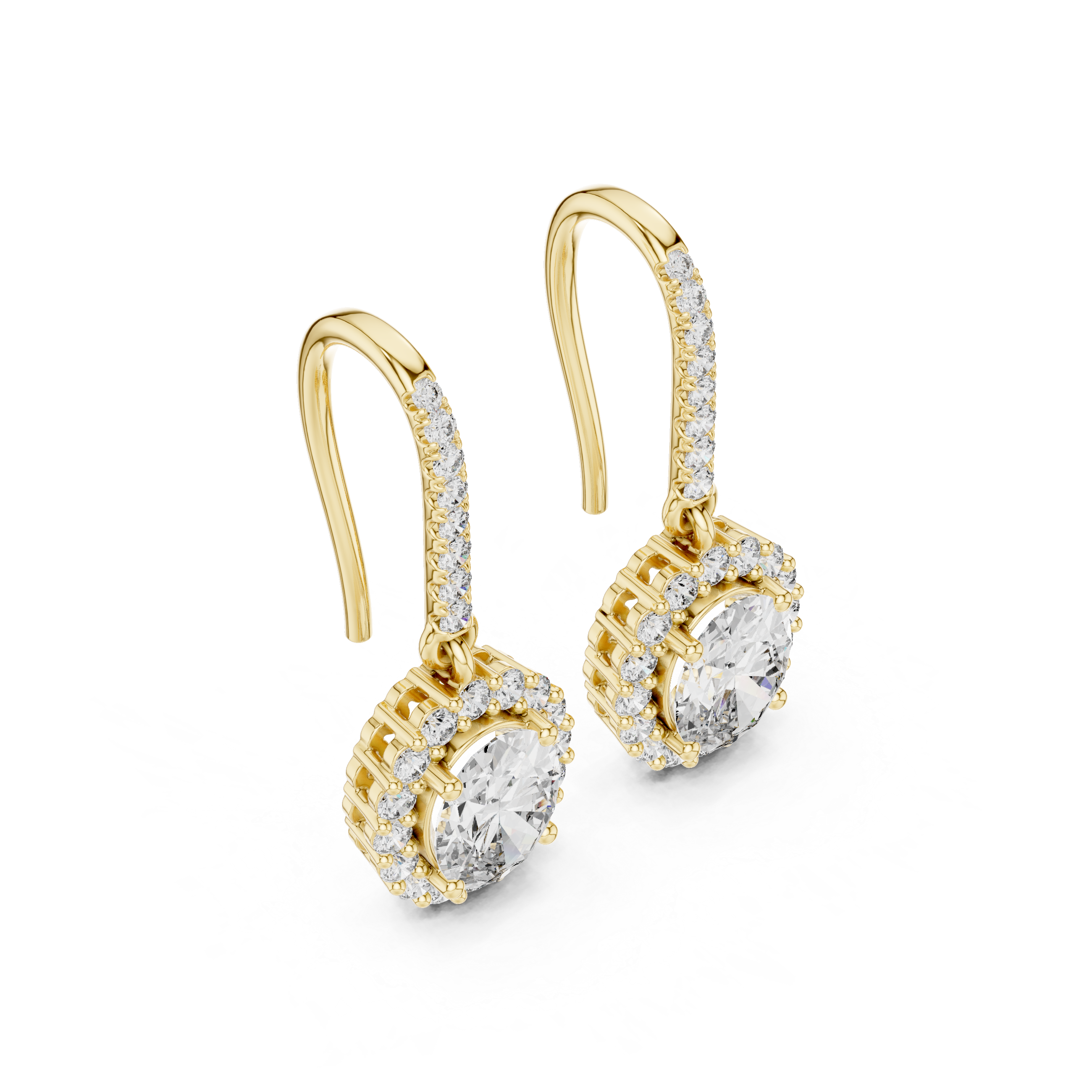 Yellow gold oval diamond halo drop earrings with sparkling pavé surround
