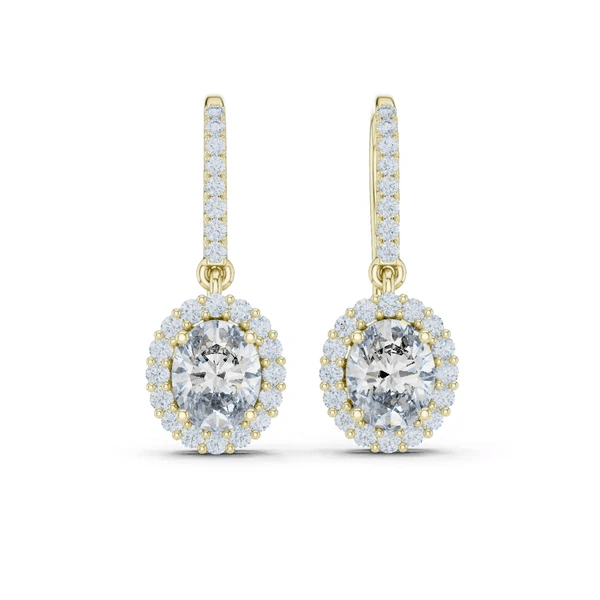 Yellow gold oval diamond halo drop earrings with round pavé halo