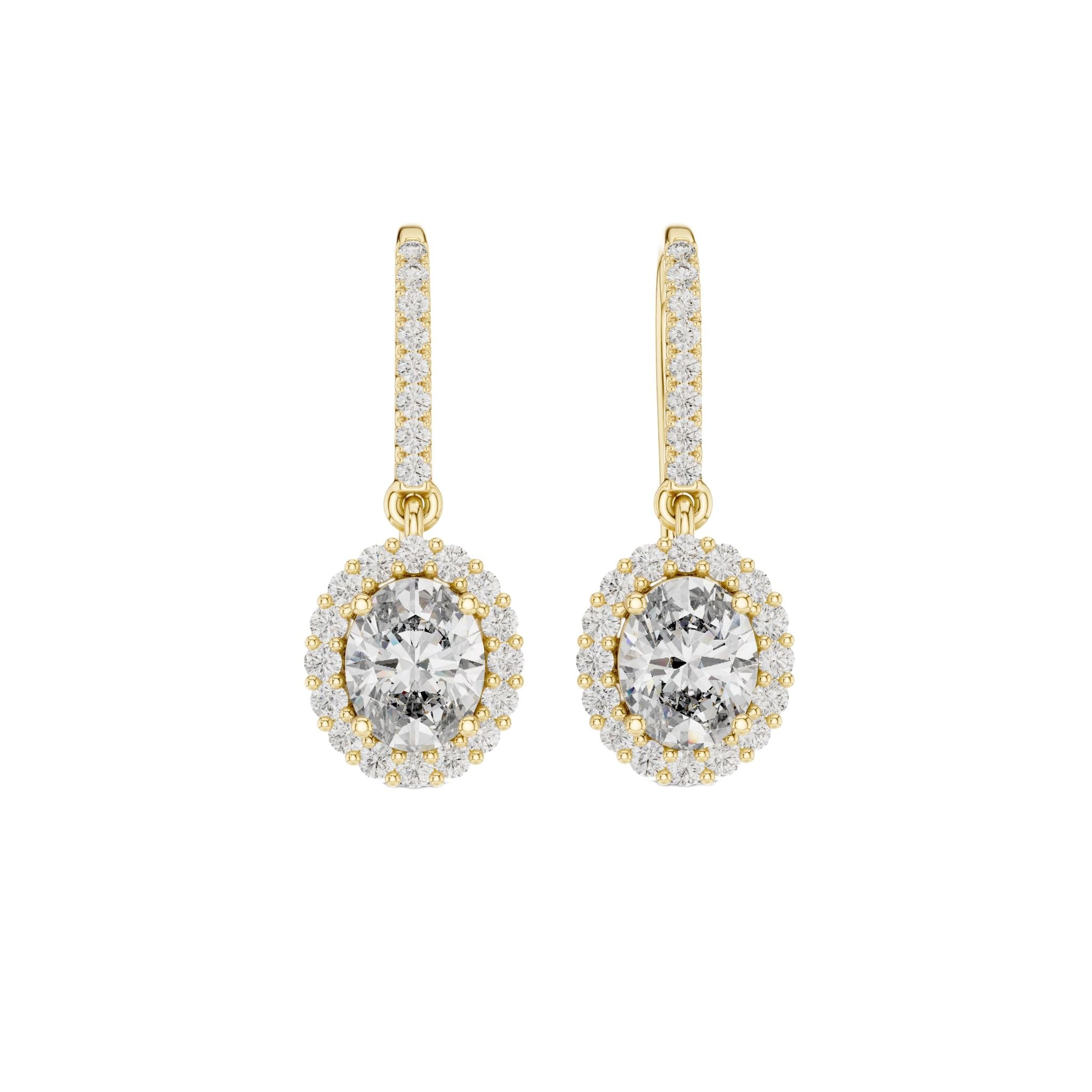 Yellow gold oval diamond halo drop earrings with oval-cut center and pavé border
