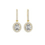 Yellow gold oval diamond halo drop earrings with oval-cut center and pavé border