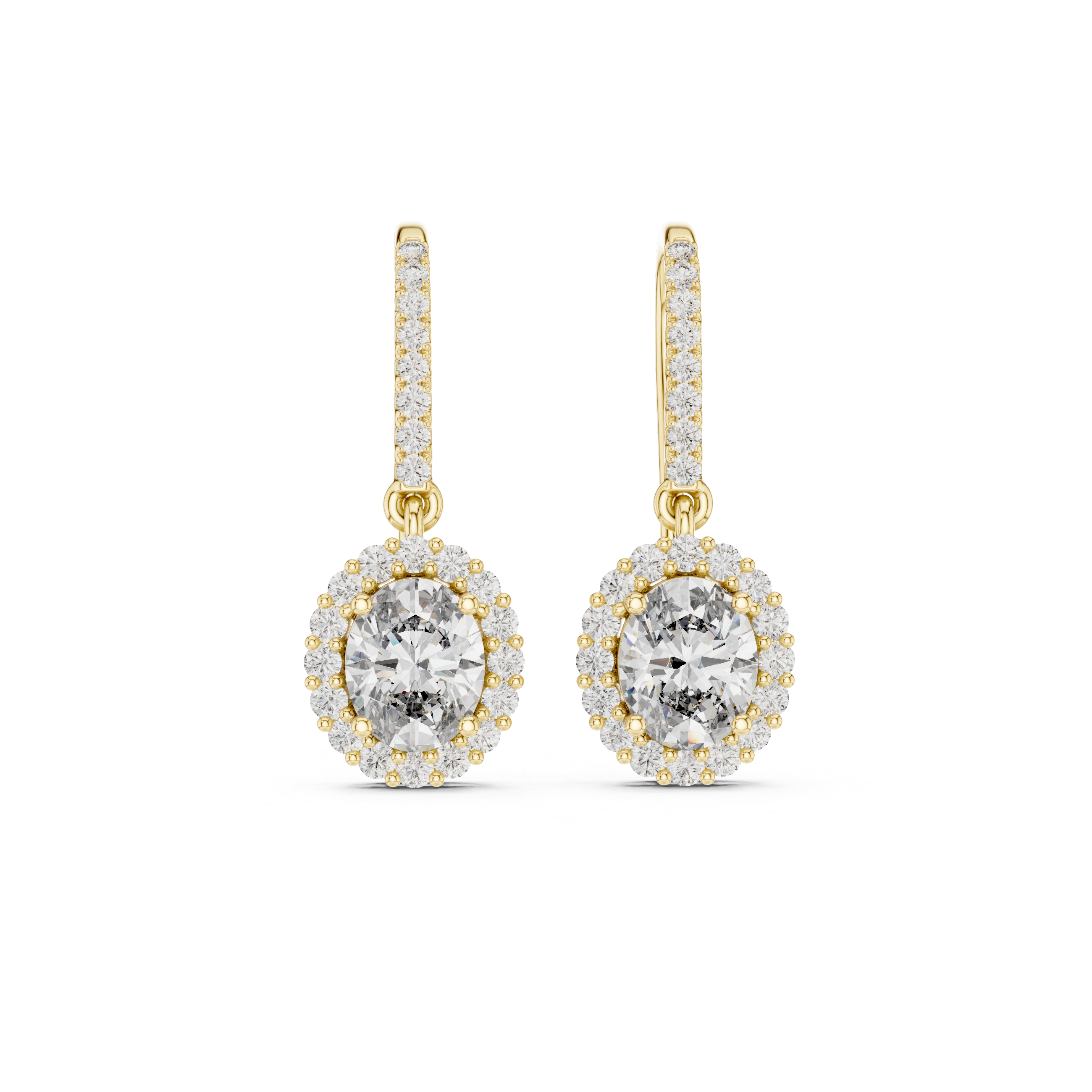 Yellow gold oval diamond halo drop earrings with oval-cut center and pavé border