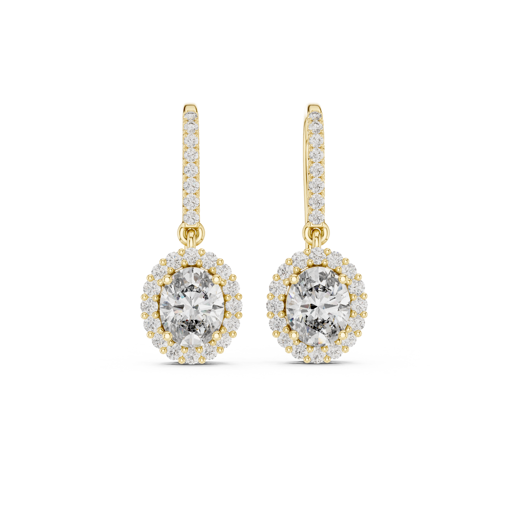 Yellow gold oval diamond halo drop earrings with oval-cut center and pavé border