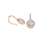 Rose gold oval diamond halo drop earrings with pavé bar link and oval center