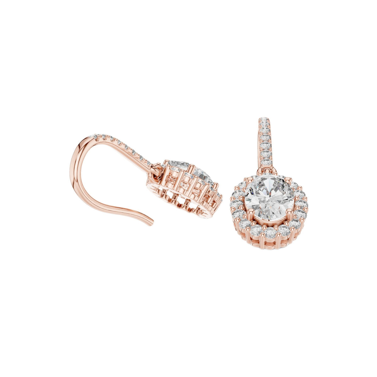 Rose gold oval diamond halo drop earrings with pavé bar link and oval center
