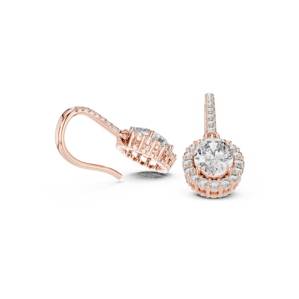 Rose gold oval diamond halo drop earrings with pavé bar link and oval center