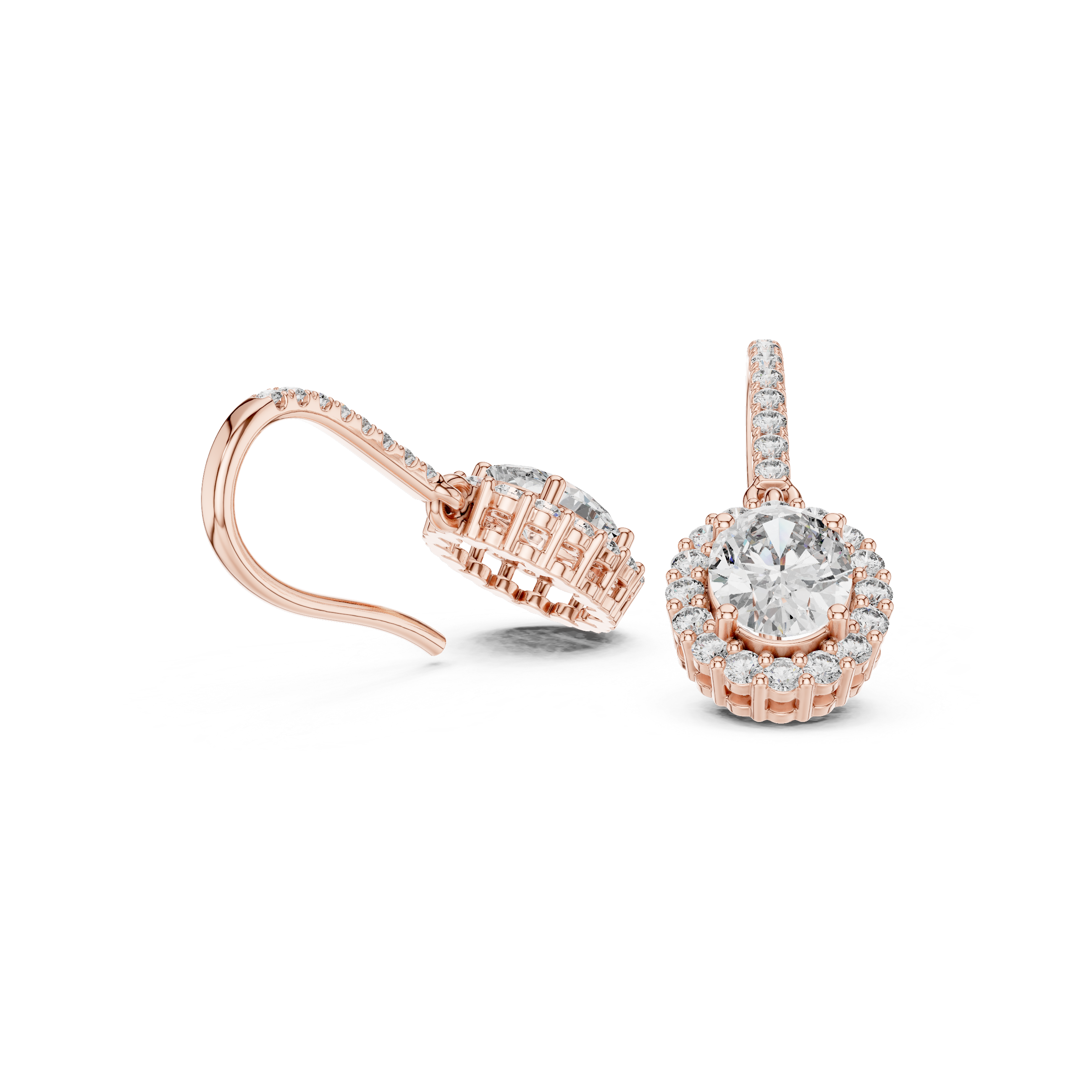 Rose gold oval diamond halo drop earrings with pavé bar link and oval center