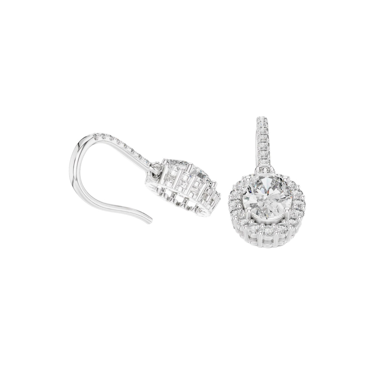 White gold oval-cut diamond drop earrings, oval center with pavé halo and link