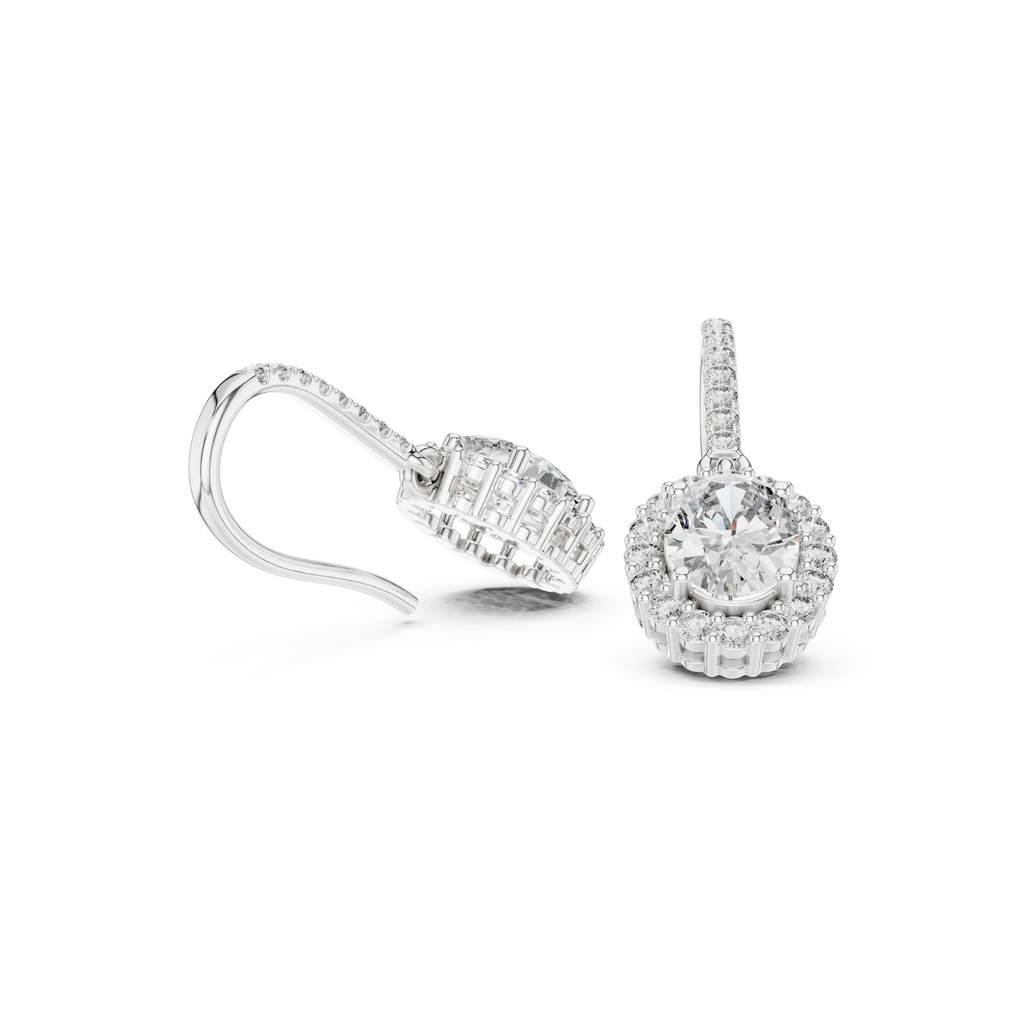 Oval diamond halo drop earrings with pavé detailing, silver-toned metal
