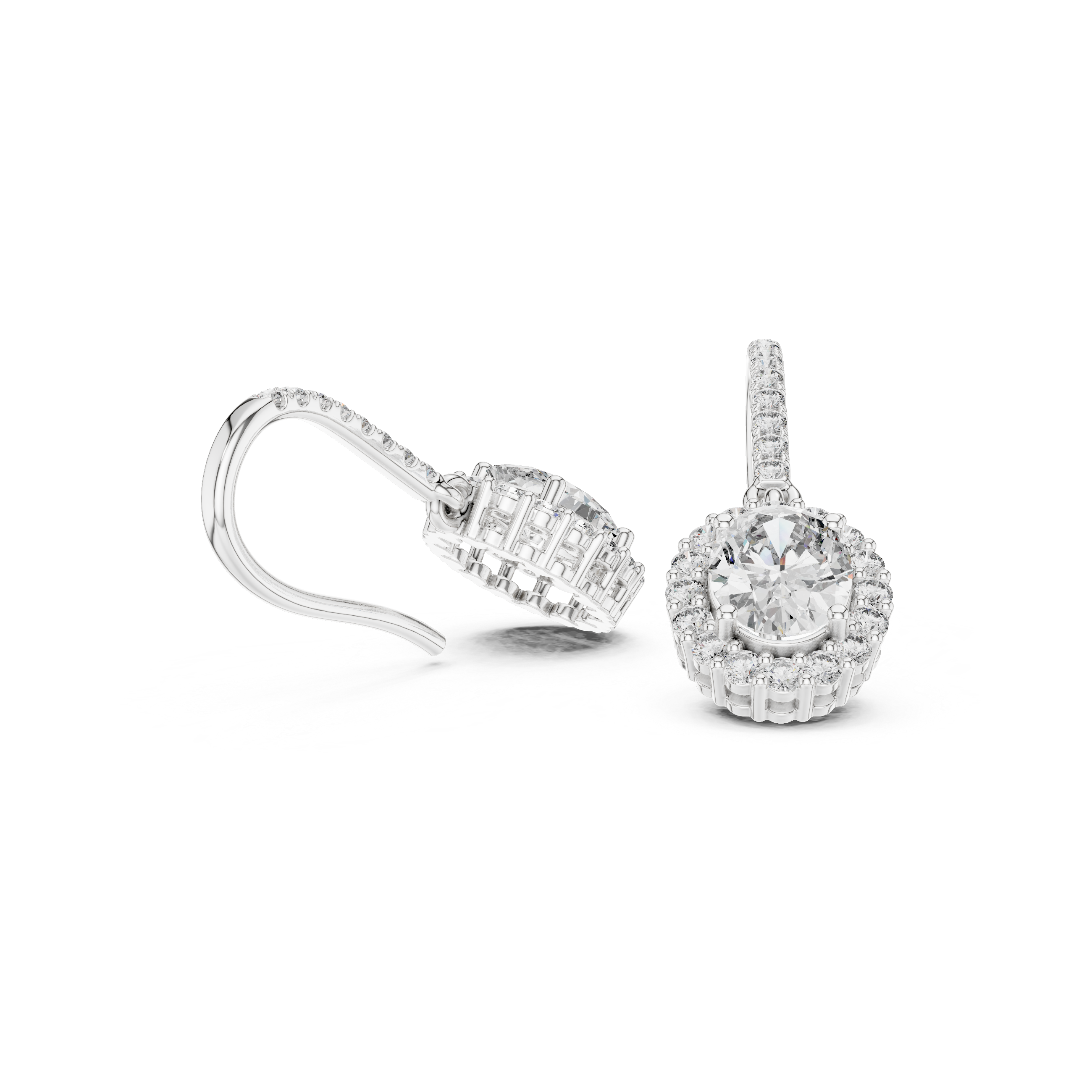 Oval diamond halo drop earrings with pavé detailing, silver-toned metal