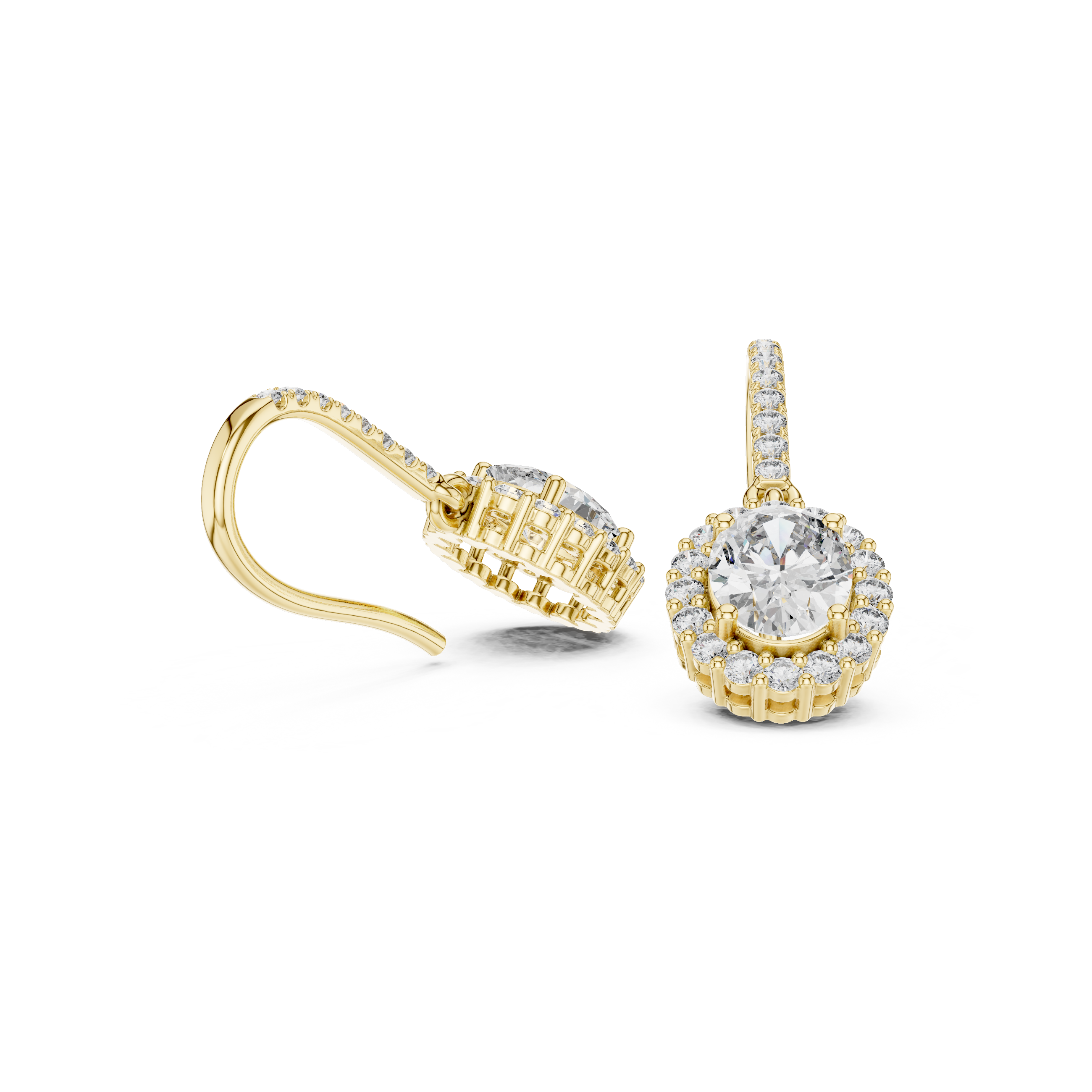 Oval diamond halo drop earrings with pavé detailing, gold-toned metal