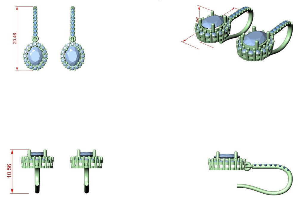 Oval diamond halo drop earring technical sketch with dangling oval center