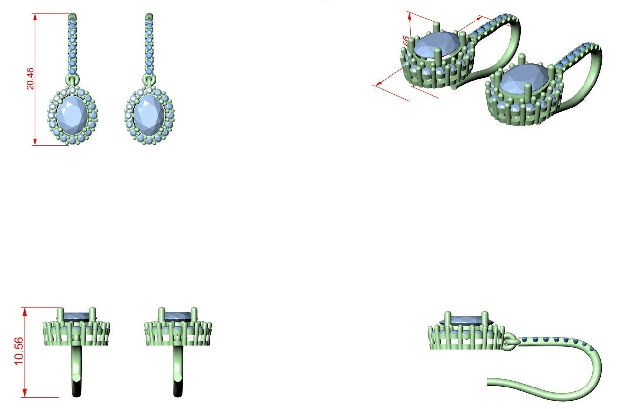 Oval diamond halo drop earring technical sketch with dangling oval center