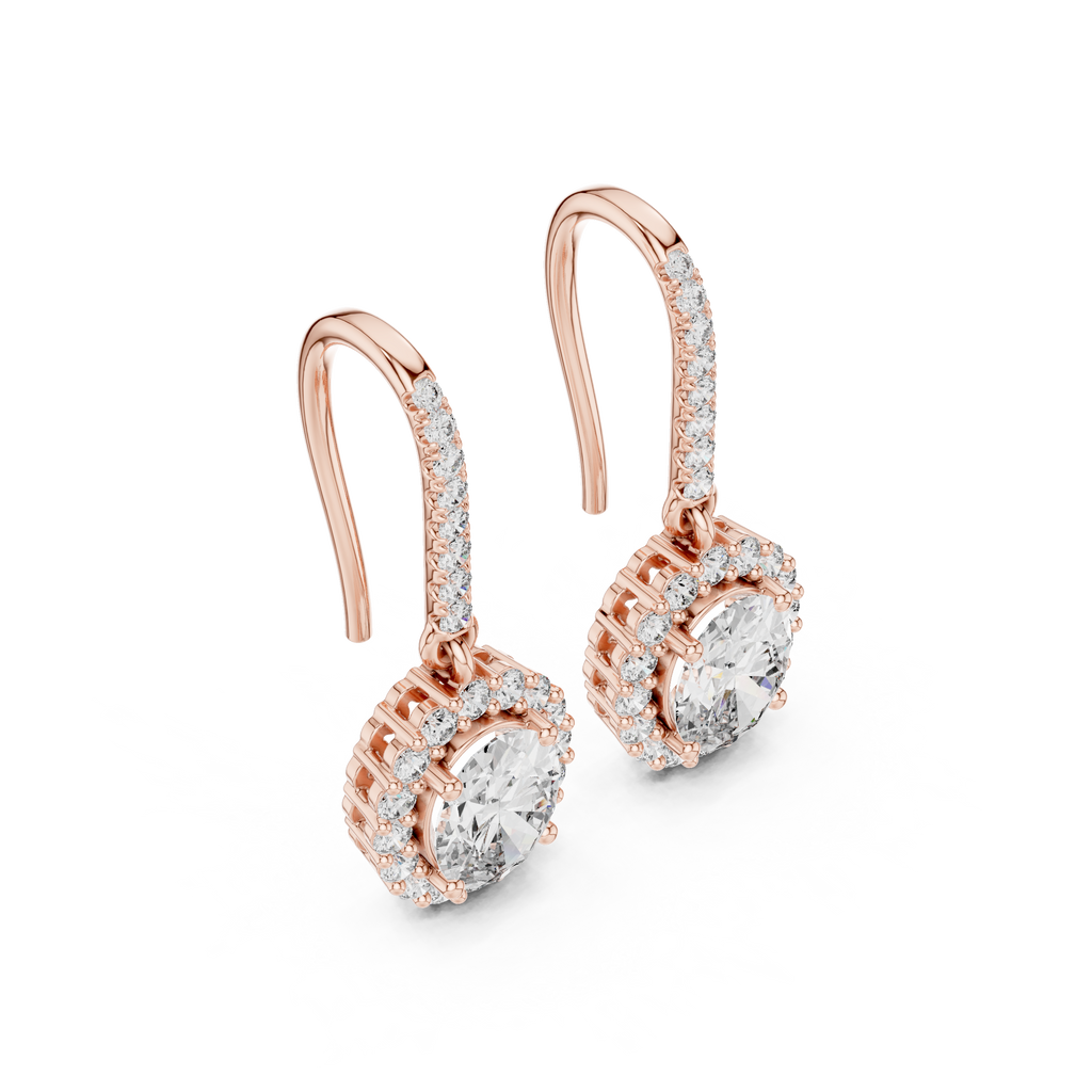 Rose gold oval diamond halo drop earrings with pavé detail and oval center