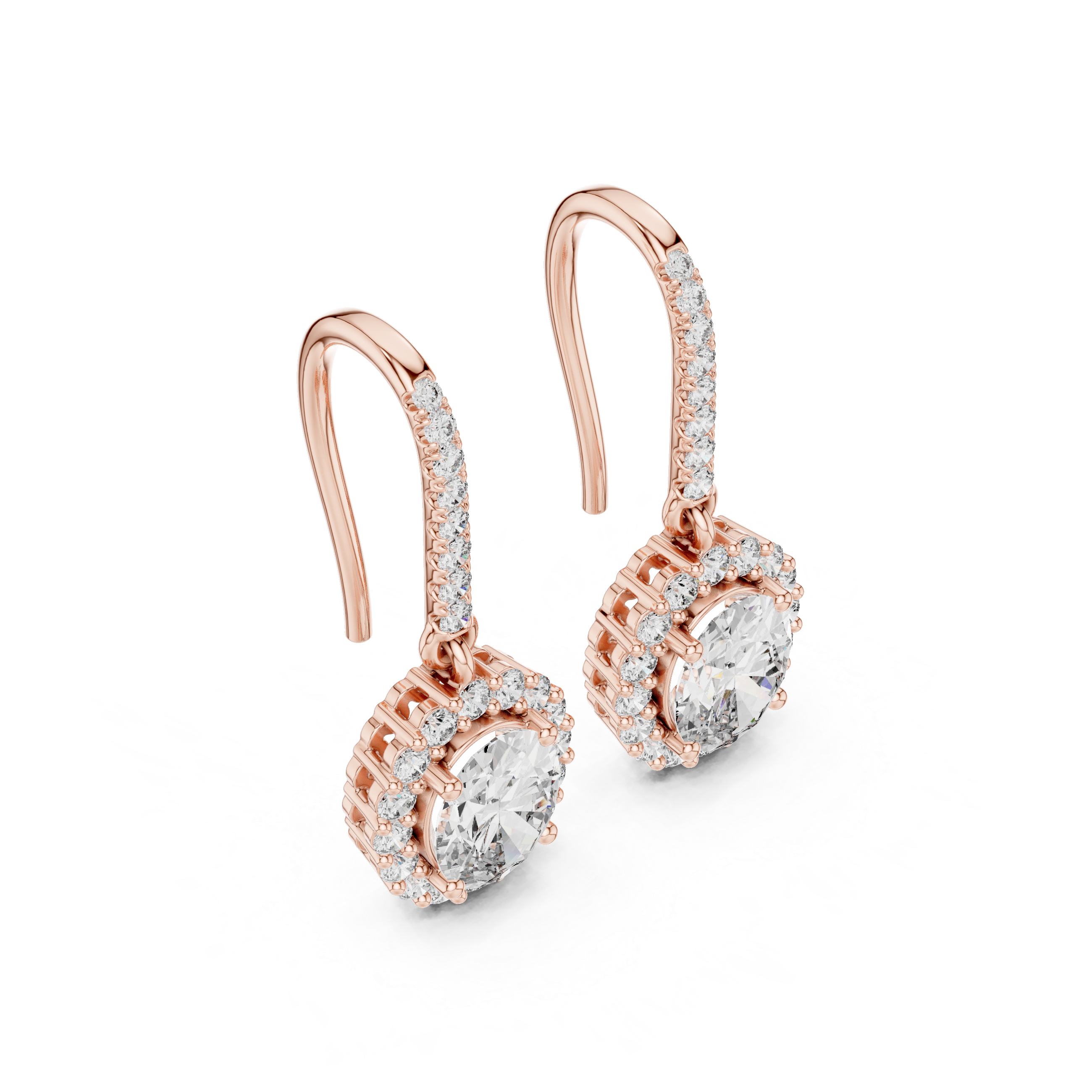 Rose gold oval diamond halo drop earrings with pavé detail and oval center