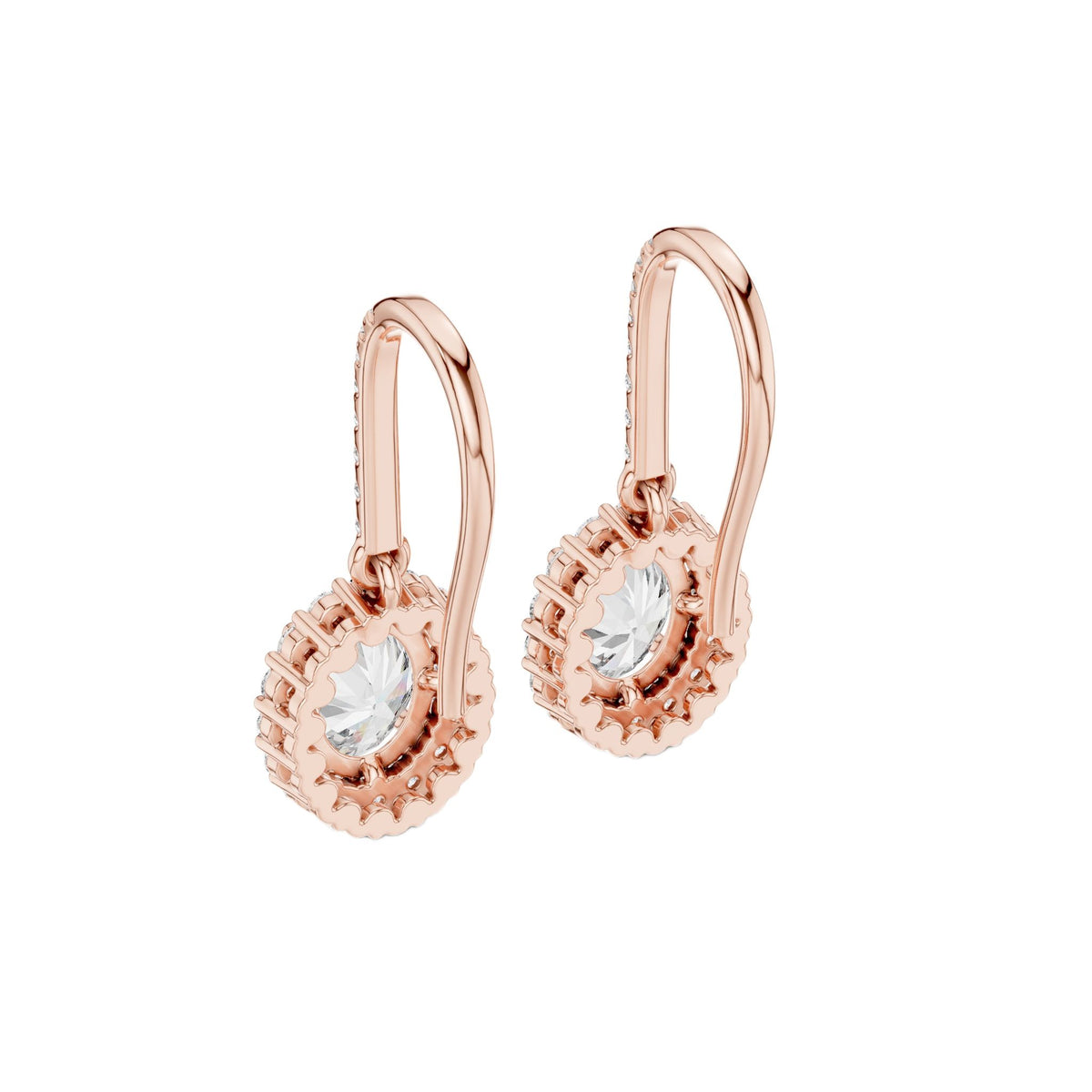 Rose gold oval diamond halo drop earrings with open hoop and pavé halo