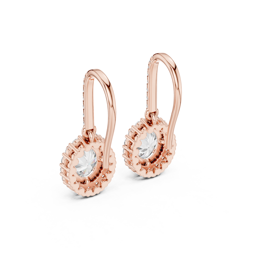 Rose gold oval diamond halo drop earrings with open hoop and pavé halo