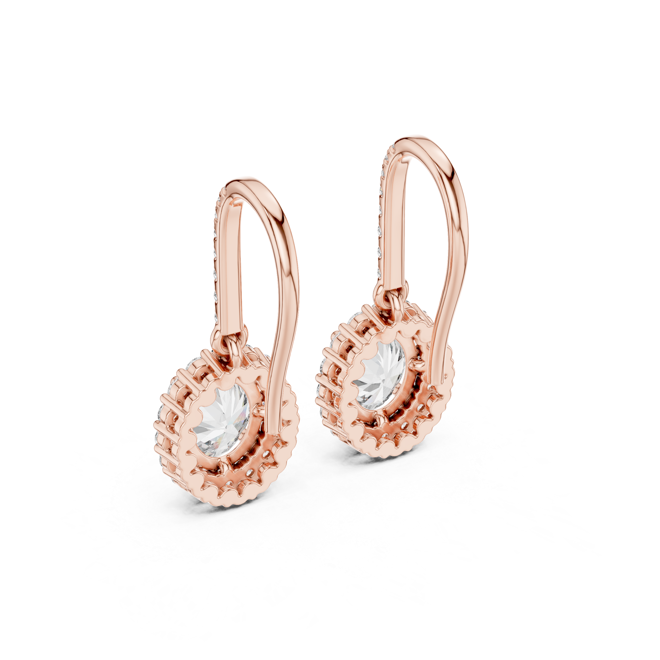 Rose gold oval diamond halo drop earrings with open hoop and pavé halo