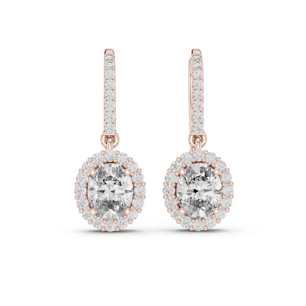 Rose gold oval diamond halo drop earrings with round pavé halo